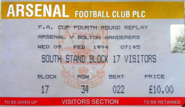 Football Ticket – FA Cup - Arsenal v Bolton Wanderers – 09/02/1994