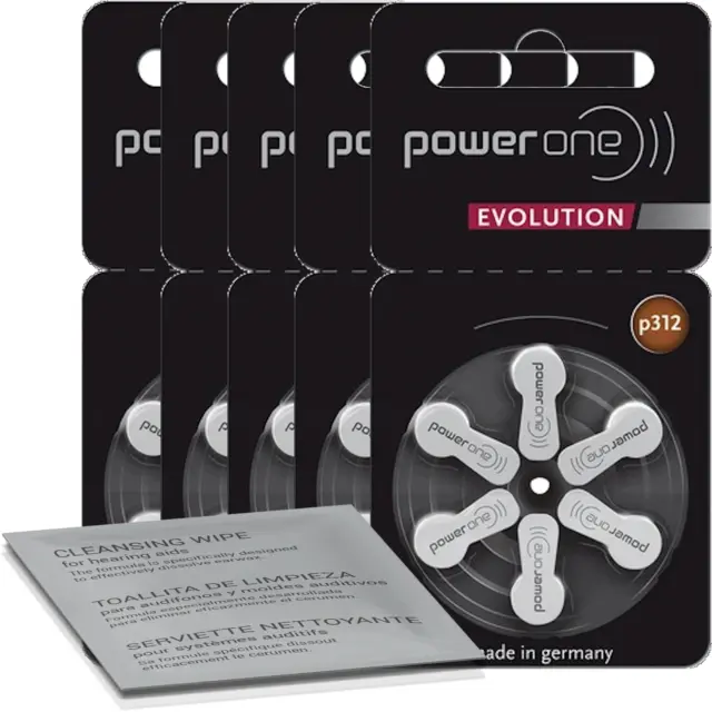 30 batterie per apparecchi acustici Power One Evolution P312 con panno per...