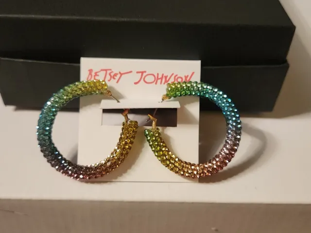 BETSEY JOHNSON Multi-Color Pave' Stone Medium Hoop Lever-Back Earrings