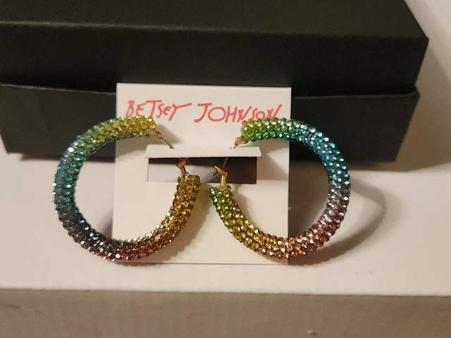 BETSEY JOHNSON Multi-Color Pave' Stone Medium Hoop Lever-Back Earrings