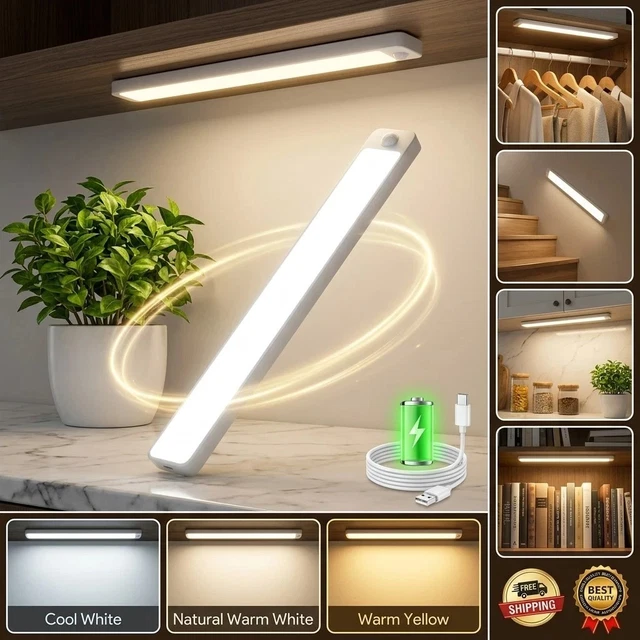STRIP LIGHT LED PIR Motion Sensor Wireless USB Rechargeable Cabinet ...