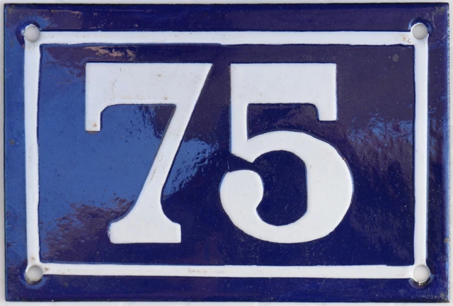 Old blue French house number 75 enamel steel door wall gate plate plaque - pick