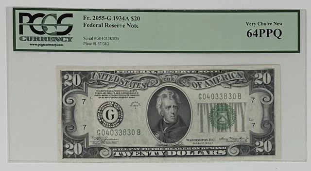 1934A $20 Federal Reserve Note Fr. 2055-G PCGS 64 PPQ Very Choice New Chicago