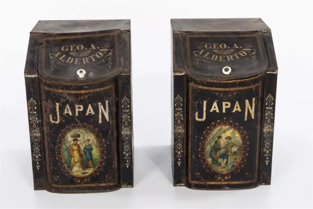 Pair TOLE 19th C ENGLISH TEA Canisters Chinoiserie SPICE Bins STORE Display