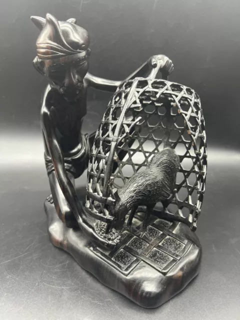 Tantra Gallery Mas Bali Sono Wood Carved Sculpture of Man & Caged Rooster- READ