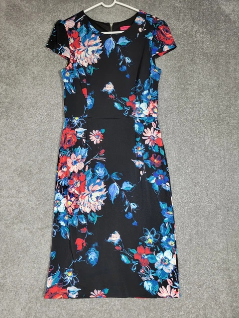 Betsey Johnson Sheath Dress Womens Size 12 Black Red Blue Floral Cap Sleeve
