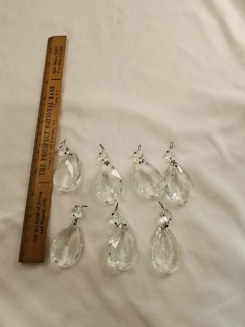 Vintage 7 Tear Drop Chandelier Crystal Prisms 2 1/2” with bead & Metal Hooks