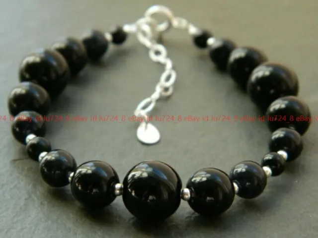 Natural 4-10mm Black Onyx Agate Smooth Gems Round Beads Silver Bracelet 7.5'' AA