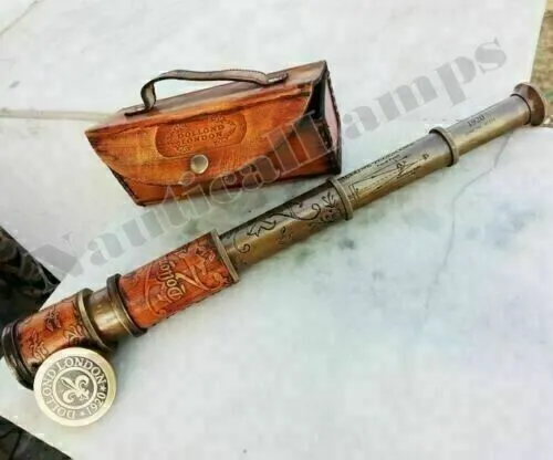 Antique Brass Telescope Marine Nautical Leather Pirate Spyglass Vintage Scope