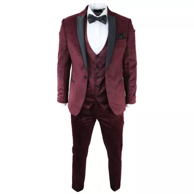 Mens Marc Darcy Velvet Paisley Burgundy Fit 3 Piece Suit Tuxedo Dinner Jacket