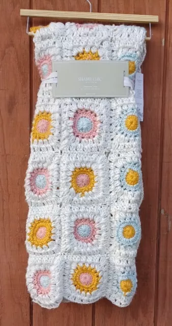Shabby Chic Hand Crochet Granny Square Decorative Throw Afghan White Pastels NEW