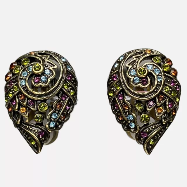 Heidi Daus Clip On Earrings 1 Inch Paisley Tear Drop Swarovski Crystals 90s