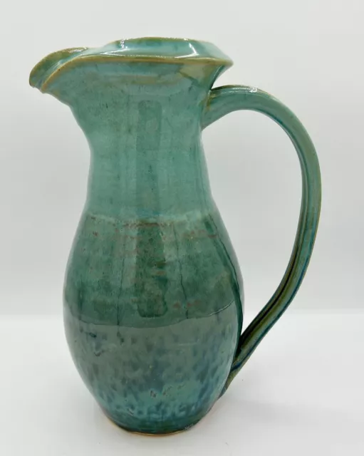 Art Pottery Tall Turquoise Glazed Stoneware Pitcher Signed Rita