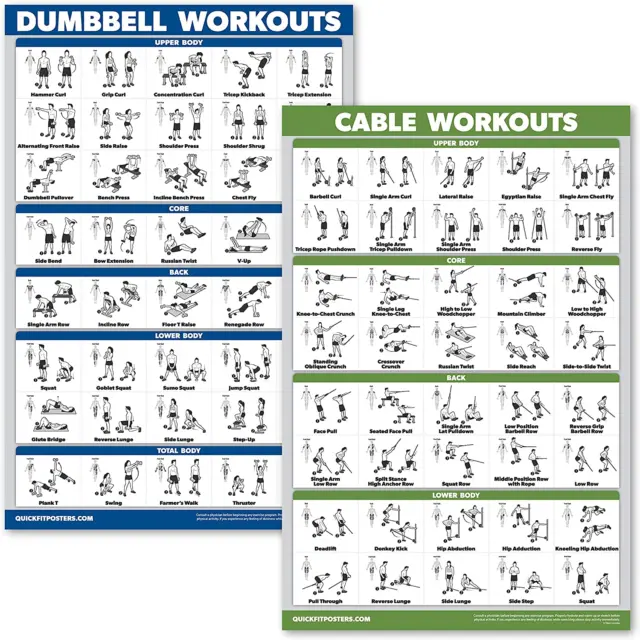 2 Pack: Dumbbell Workout Poster + Cable Machine Exercise Routine - Set of 2 Work