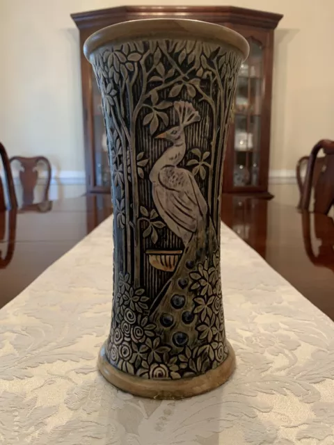 Weller Knifewood 1900-1920’s Art Pottery Peacock Ceramic Flower Vase.
