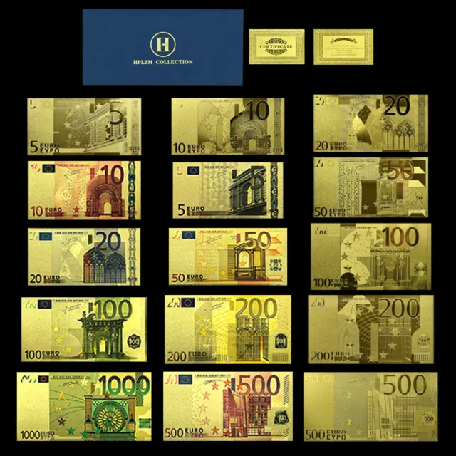 15 Stück Euro-Goldfolien-Banknoten Set - Mit Zertifikat und Umschlag - Sammlung