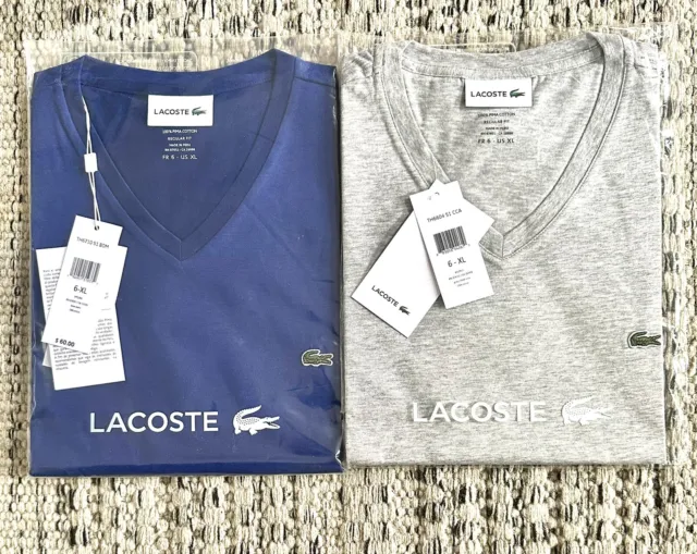 NWT Men’s lot Of 2 Lacoste Pima Cotton V-Neck Shirts Size 6 XL