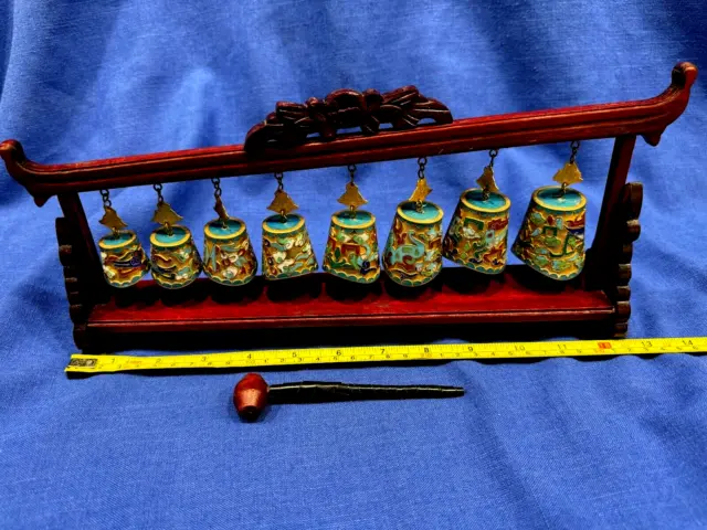 8 Chinese Meditation Cloisonné Bells Sized-Down Hanging on Wood Stand/w Gong