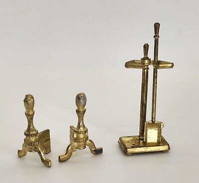 Miniature Dollhouse Cast Metal Fireplace Tool Stand Andirons, Brass 1:12 Vintage