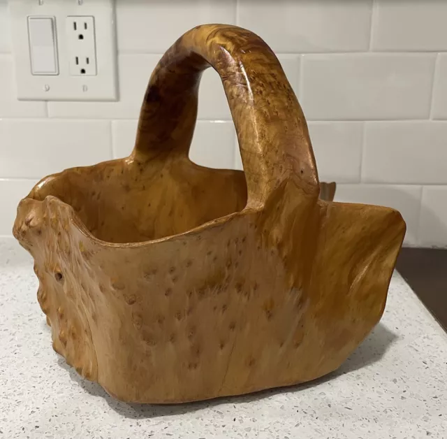 Hand Carved Large Burl Wood Tree Basket/Bowl w Handle 10x7.5x5" Knotty