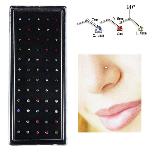 60PCS/Set Stainless Steel CZ Crystal L Shape Nose Ring Body Piercing Stud  I_tu