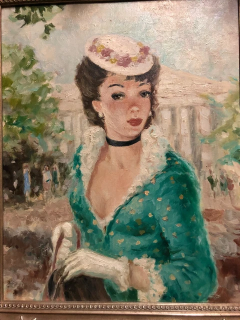 OIL PAINTING OF a French Lady wearing a pretty green dress with hat and ...