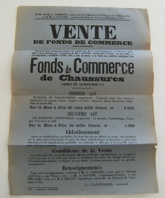Affiche vente enchère fonds de commerce de chaussures 1925 vintage rétro