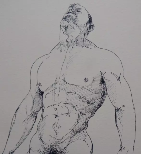 Original Hand Drawn Black Ink Drawing Sketch of a Male Nude Man Illustration