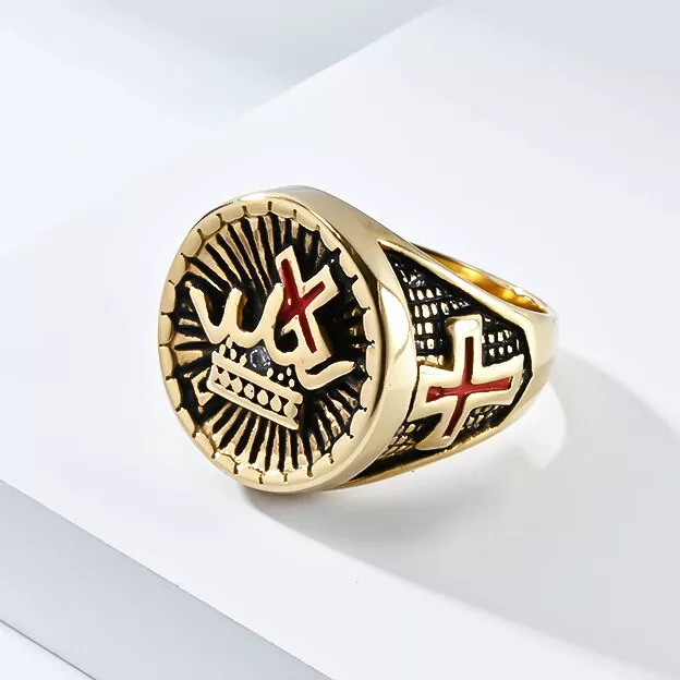 Crusader Knights Templar Crown Masonic Cross Ring Stainless Steel Punk Ring Gold