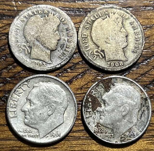 Silver 1903 1908 D Barber Dimes 1961 D 1963 D Silver Dime Lot 4 Toned A2700