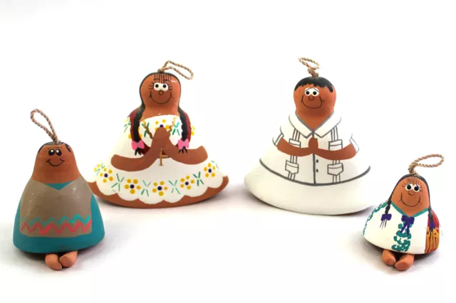 Set of 4 Hand Painted Mexican Pottery Bell Ornaments El Hombre Señora Clay Angel