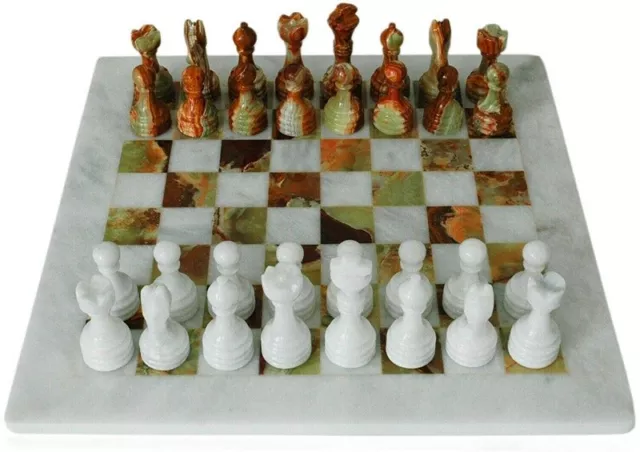 15 Inches Vintage Marble Chess Set - Multi-Green and White Onyx with Storage