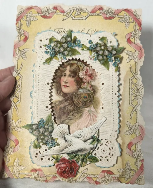 Valentines Day Card 1900s  INTRICATE Lace Lady Roses Opens Paper Peacock Antique