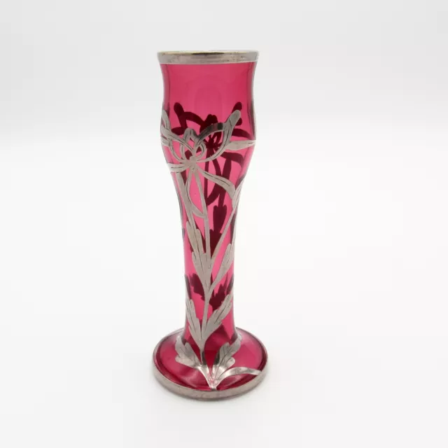 Antique Sterling Overlay Cranberry Glass Vase, NR