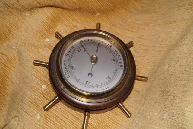 Vintage Ship Spoke Wheel Barometer Wood & Brass Made In England  Nautical