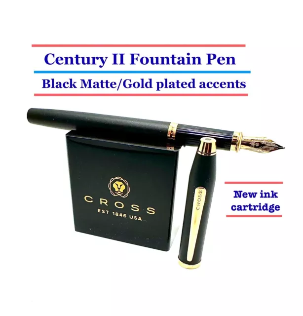 CROSS Century II Fountain Pen  Black matte 23 Karat Gold Accents New Ink W/Box