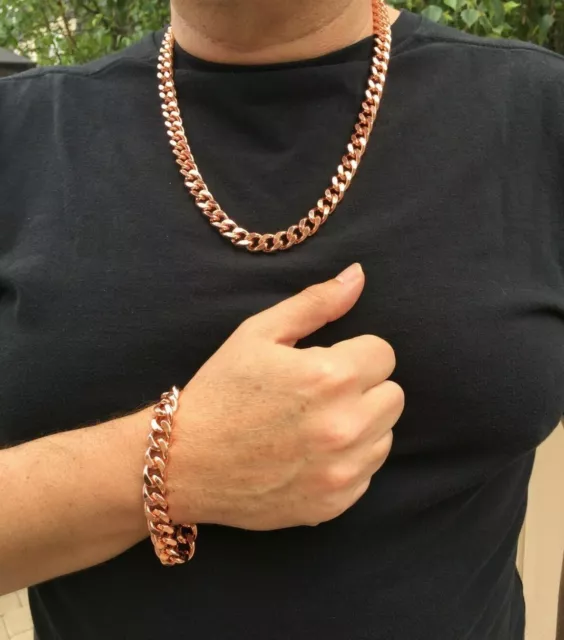 Juego de brazalete/collar de cadena cubana de cobre sólido puro eslabón bordillo jinete artritis