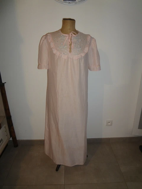 Chemise De Nuit Vintage Brodée Et Dentelle - Taille M - Blanc - Début 20ème Siècle - TBE