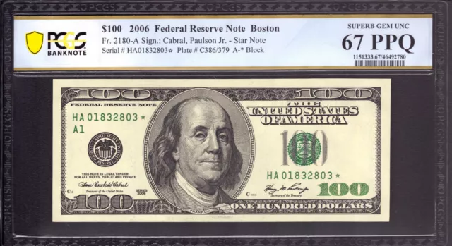 2006 $100 Federal Reserve Star Note Boston Fr.2180-A* Pcgs Superb 67 Ppq Top Pop