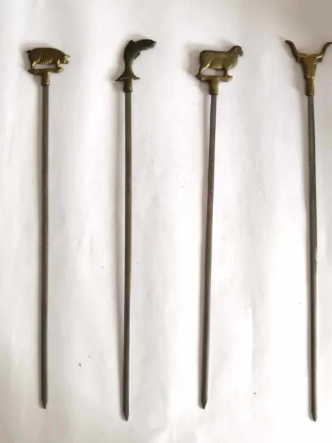 Set 4 Vintage Brass and stainless steel BBQ Skewers with pig, sheep, bull, fish