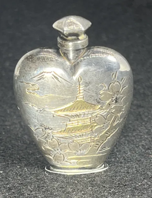 Vintage Japanese Sterling Silver Gold Gilt Etched Heart Shaped Perfume Bottle