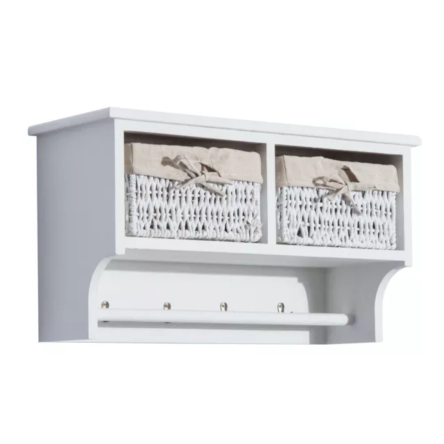 HOMCOM Entryway Coat Rack Wall Mounted Shelf Hooks 2 Baskets White