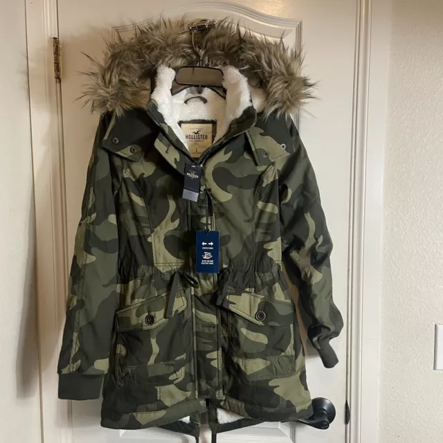 NWT HOLLISTER WOMENS Stretch Cozy Lined Parka Jacket Coat Camo