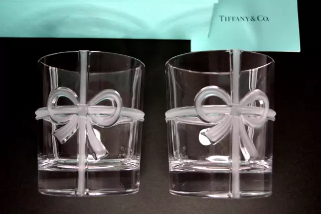 Tiffany & Co. Bow Rock Glass Pair Ribbon Cup Set 215ml Blue with BOX Excellent++