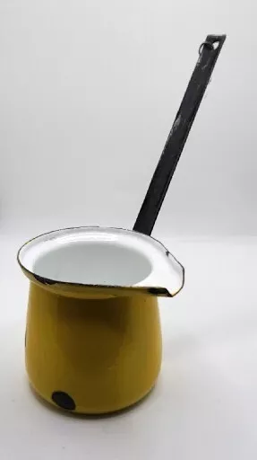 Vintage Enamelware Yellow Long Handle Milk Butter Melter Farmhouse