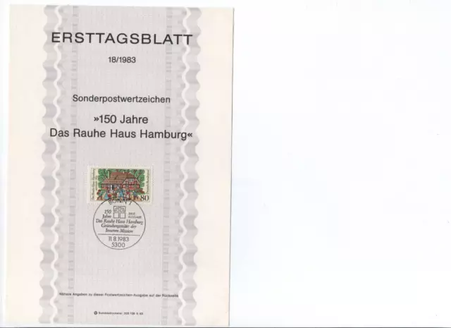 BRD - Ersttagsblatt Bonn 18/1983: 150 J.  Rauhe Haus Hamburg- Erstausgabestempel