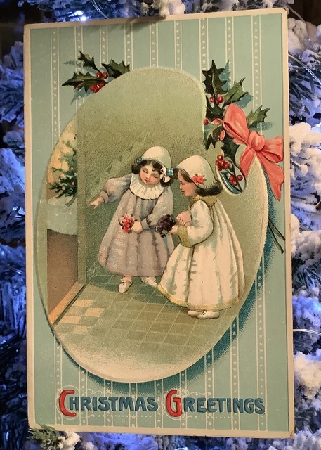 Vintage Victorian Girls At Door In Coats Christmas Postcard Embossed 1911