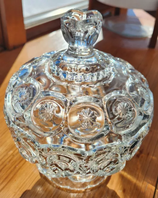 Vintage MCM LE Smith Crystal Moon And Stars Clear Candy Dish With Lid 8 Inches