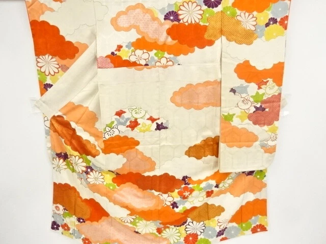 09118# Japanese Kimono / Antique Furisode / Embroidery / Ume Blossom & Kiku