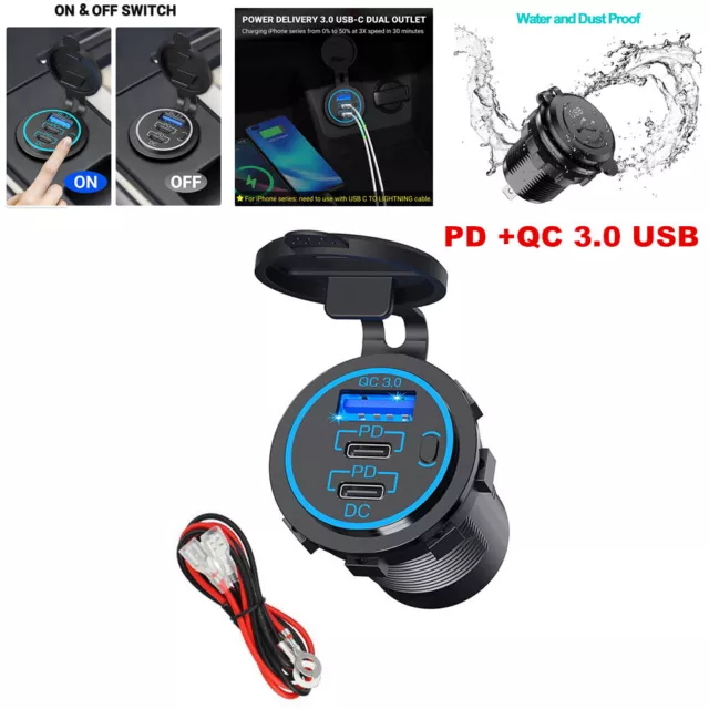 New PD+QC 3.0 USB 3-port Quick Car Charger Adapter Socket RV Boat 12-24V